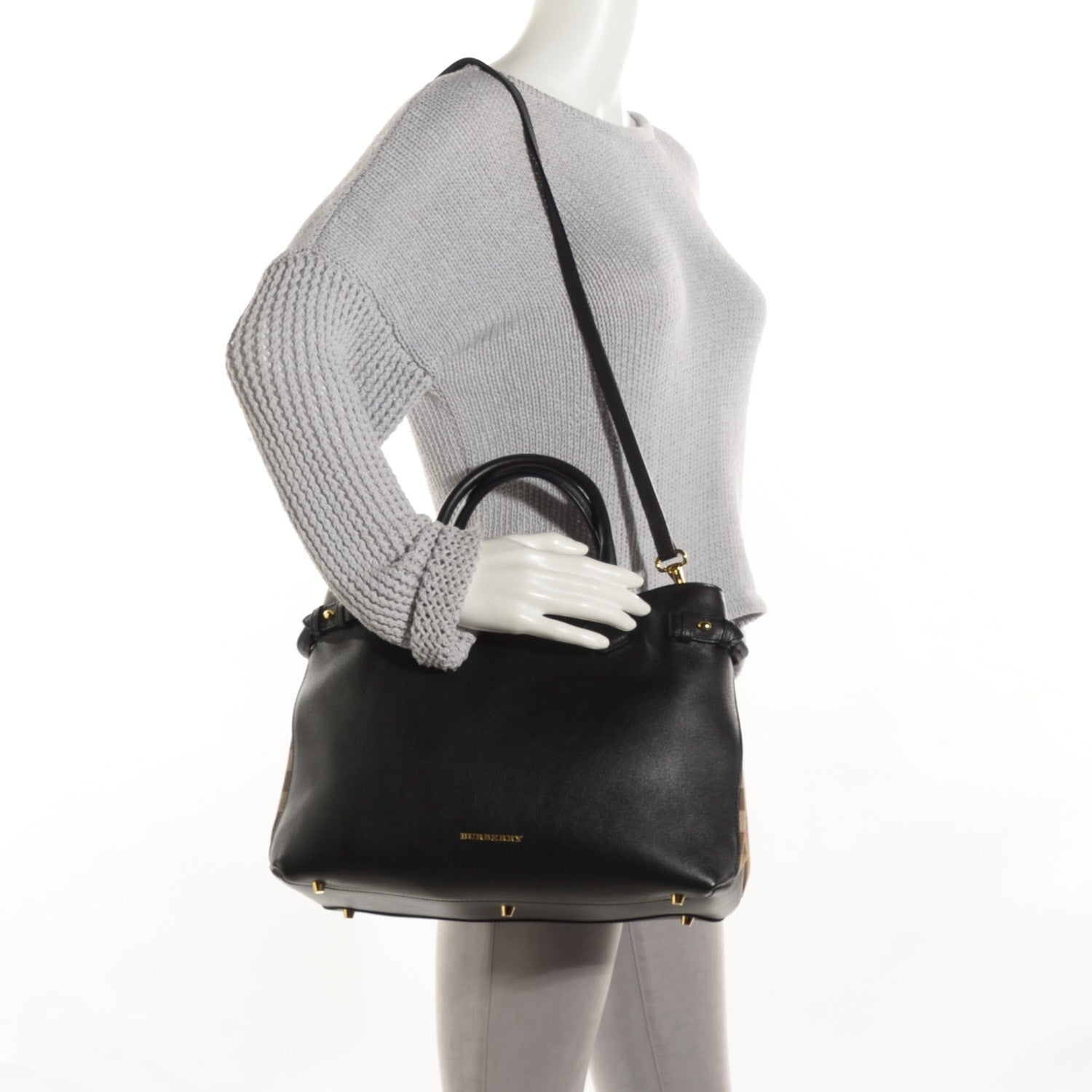 Burberry Grainy Calfskin House Check Medium Banner Tote Black 2 of 8