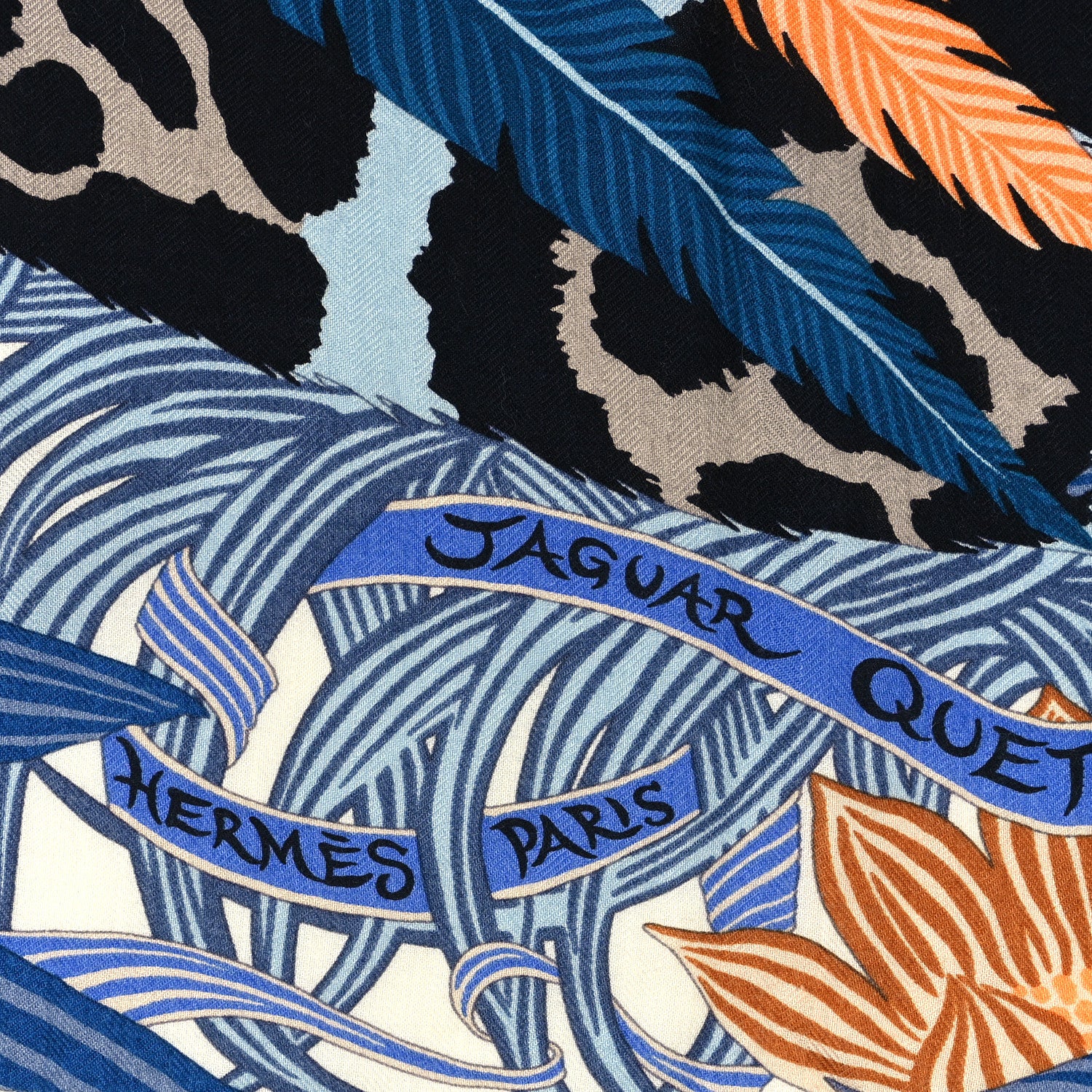 Hermes Cashmere Silk Jaguar Quetzal Shawl 140 Bleu Jean Abricot Gris 2 of 4