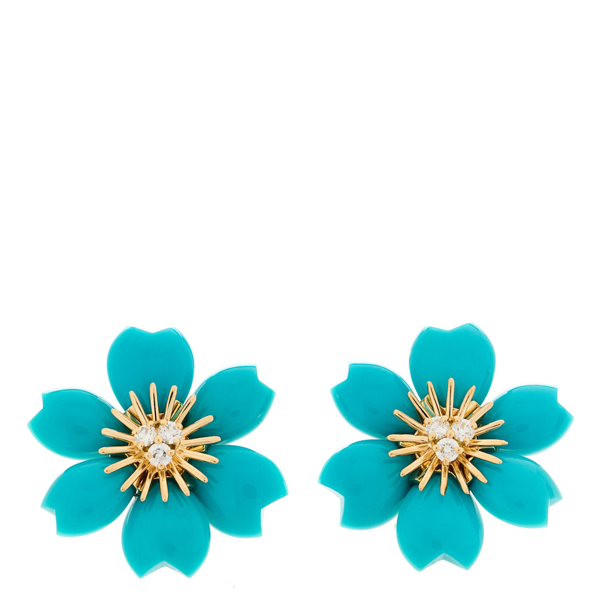 Van Cleef & Arpels 18K Yellow Gold Diamond Turquoise Mini Rose De Noel Earrings 1 of 4