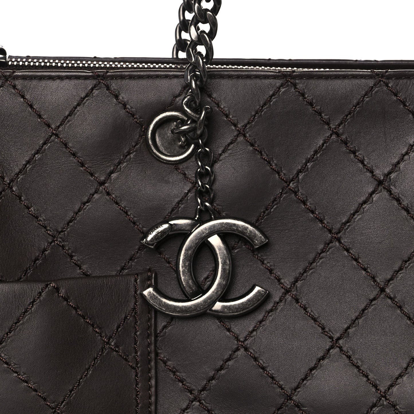 Calfskin Stitched CC Pocket Shopping Tote Dark Brown