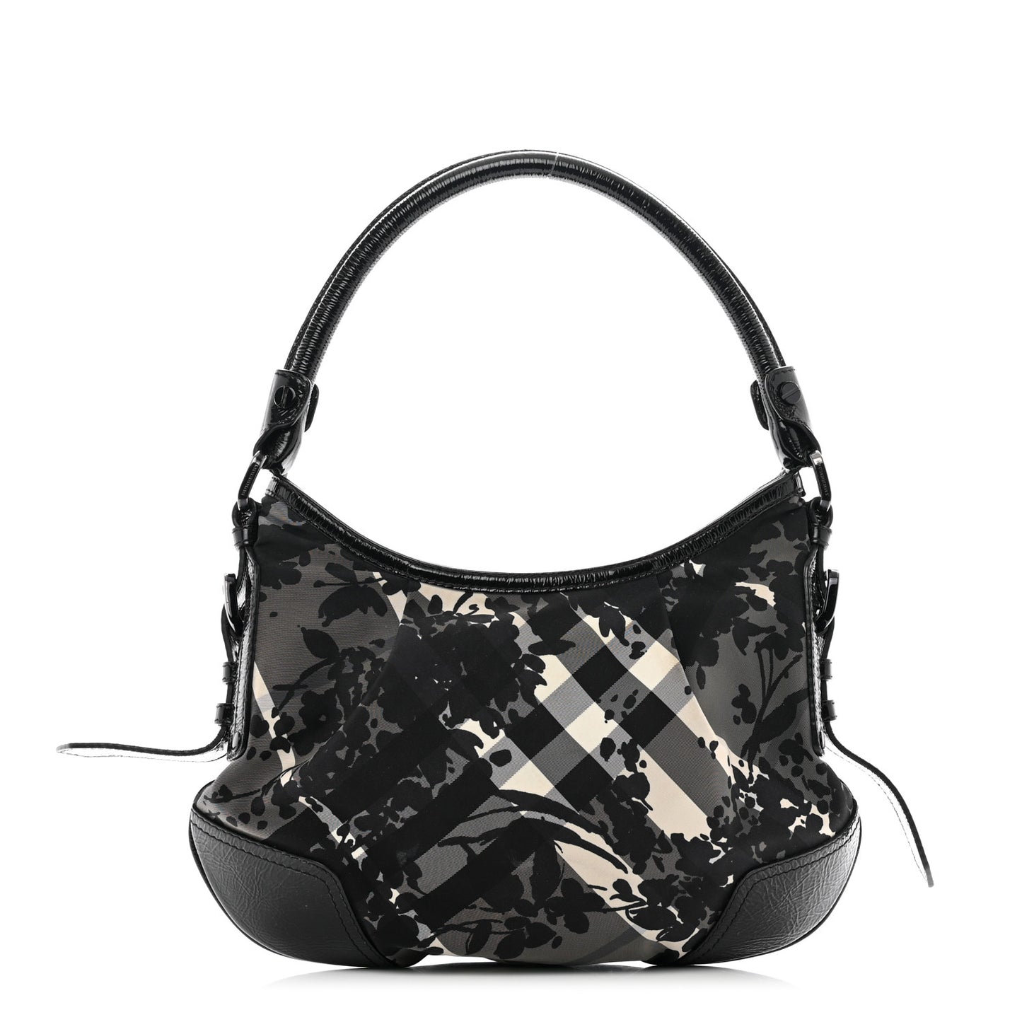 Patent Nylon Beat Check Floral Print Hobo Black