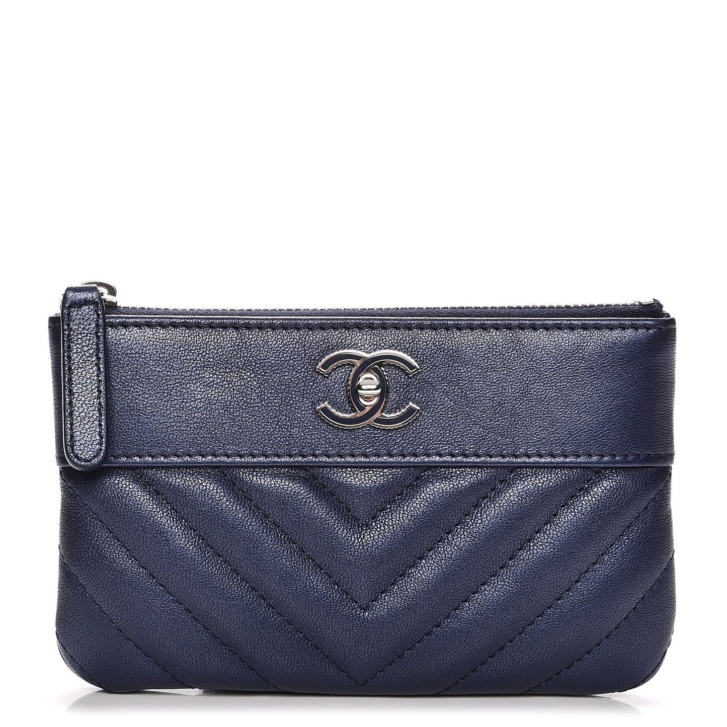 Metallic Sheepskin Chevron Quilted Small Vintage Mademoiselle Cosmetic Case Navy