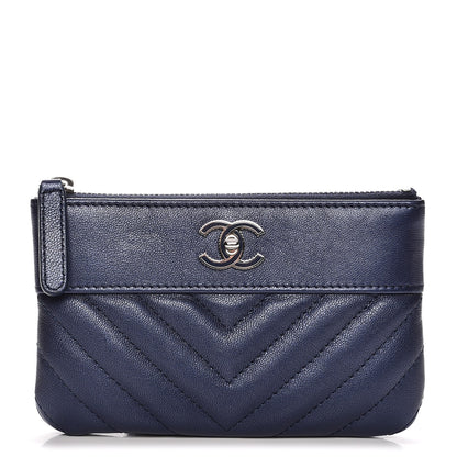 Chanel Metallic Sheepskin Chevron Quilted Small Vintage Mademoiselle Cosmetic Case Navy 1 of 8