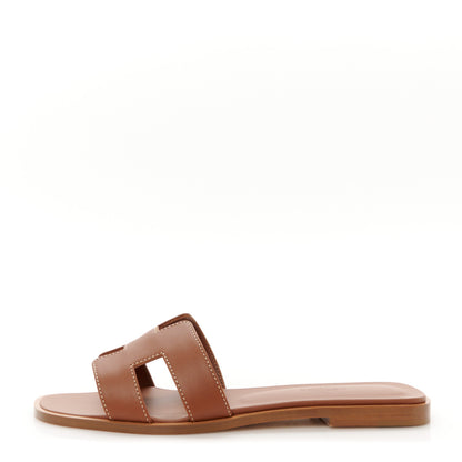 Hermes Box Calfskin Oran Sandals 37.5 Gold 1 of 10