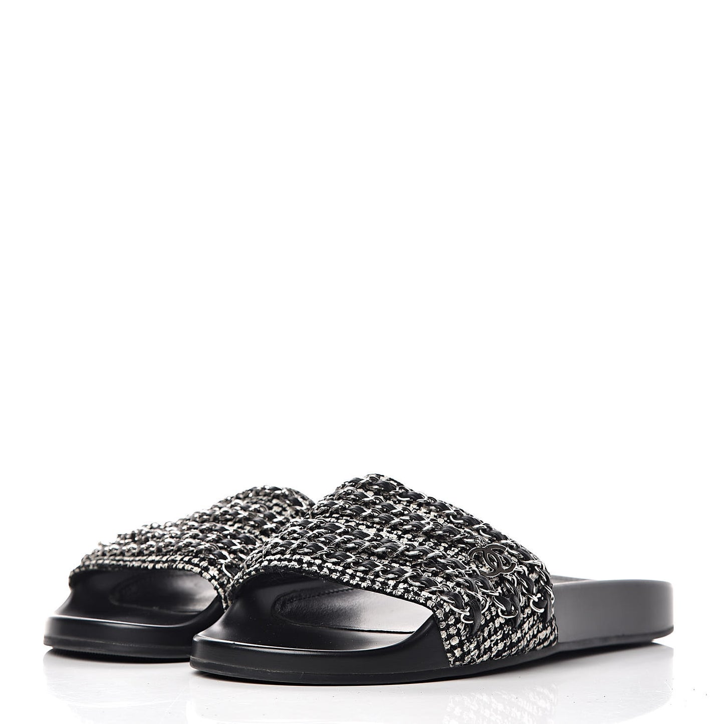 Tweed Lambskin Chain Flat Sandals 42 Black Multicolor