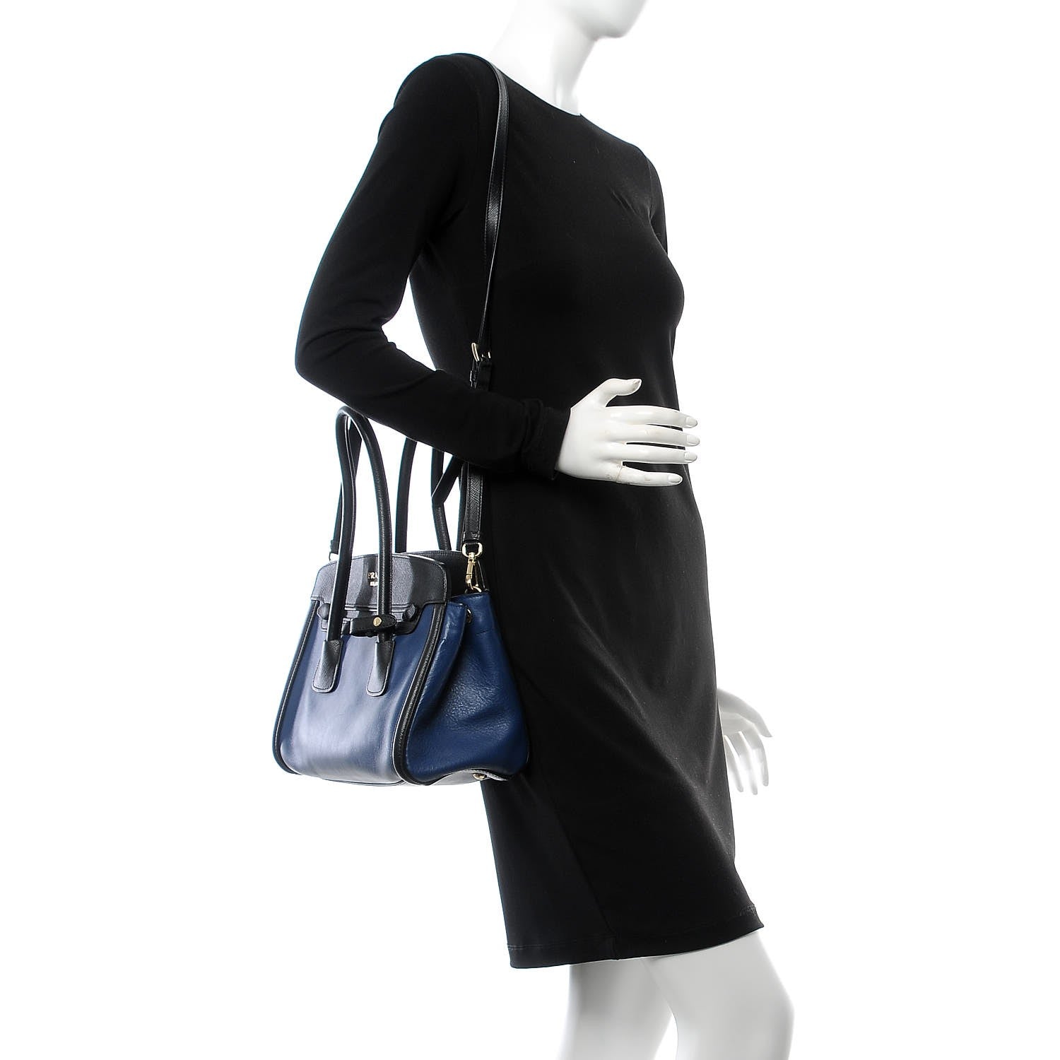 Prada Saffiano City Calf Bi-Color Tote Bluette Black 2 of 9