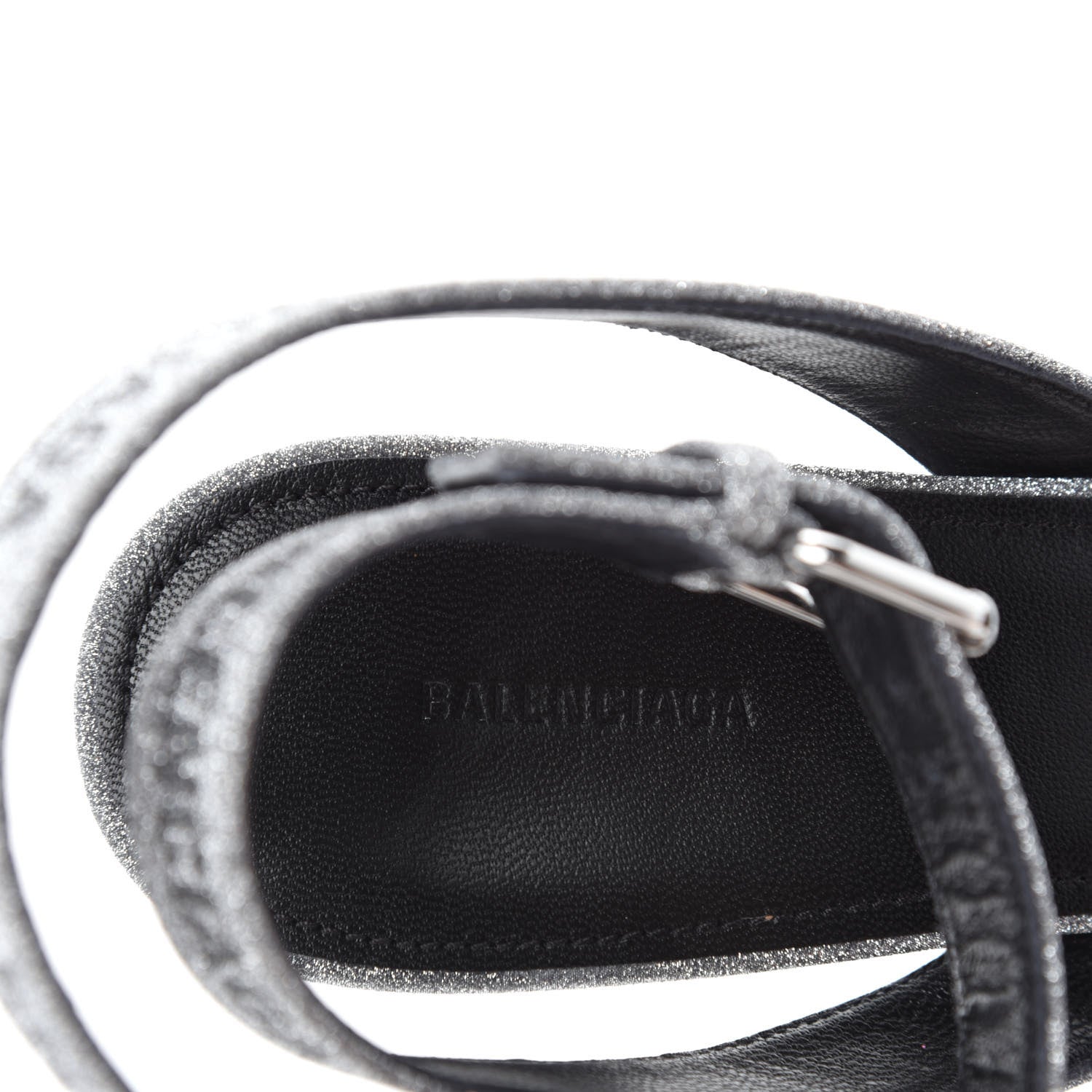 Balenciaga Glitter Allover Logo Ankle Strap Round Heel 80mm Sandals 37 Silver Black 7 of 9