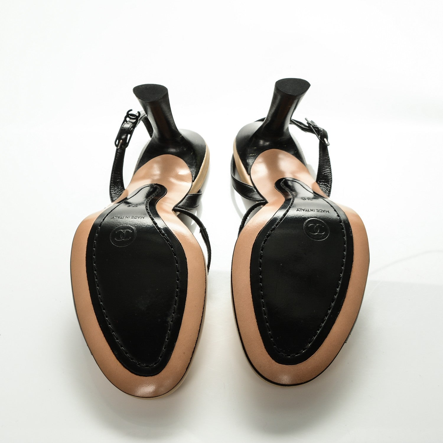 Chanel Lambskin Slingback Heels 38 Beige Black 5 of 7