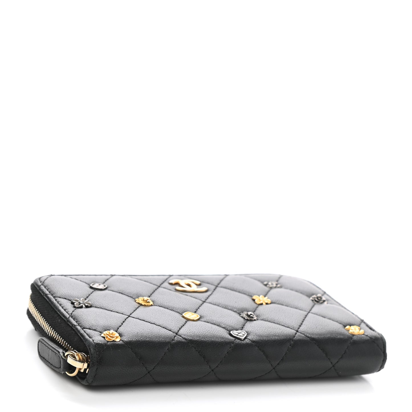 Lambskin Quilted Small Lucky Charms Zip Around Wallet Black