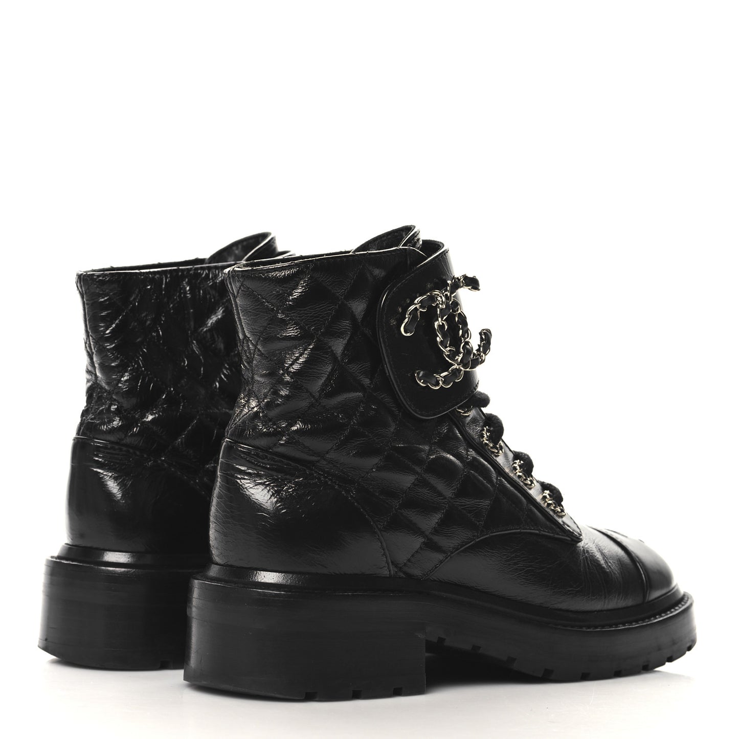 Shiny Calfskin Quilted Lace Up Combat Boots 35 Black