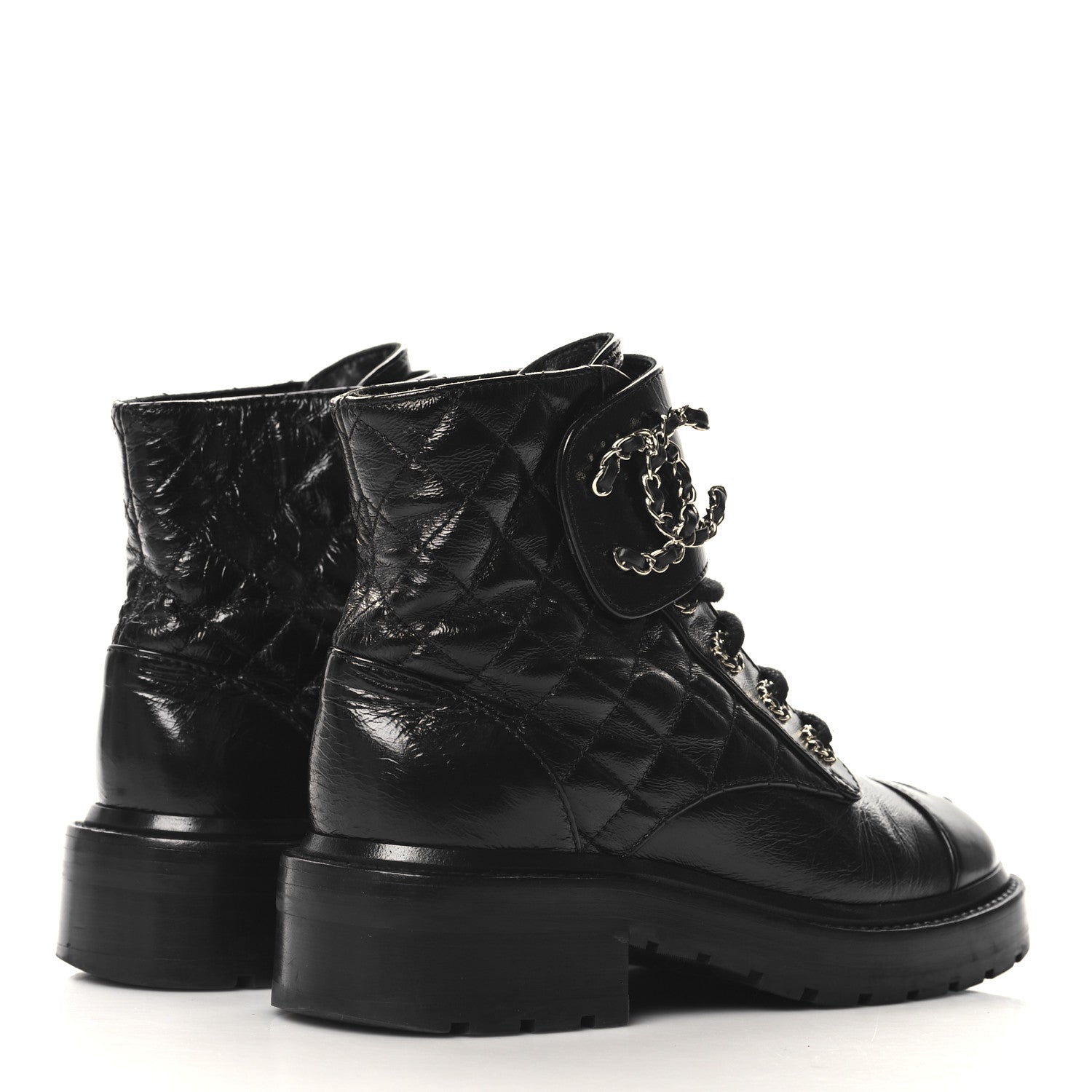Chanel Shiny Calfskin Quilted Lace Up Combat Boots 35 Black 5 of 9
