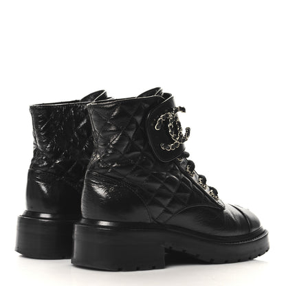 Chanel Shiny Calfskin Quilted Lace Up Combat Boots 35 Black 5 of 9