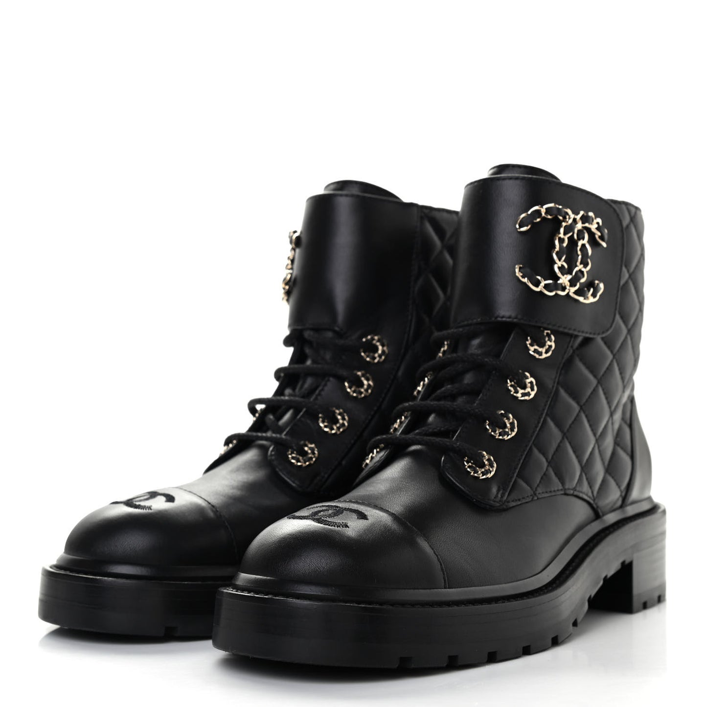 Shiny Lambskin Quilted Lace Up Combat Boots 38 Black
