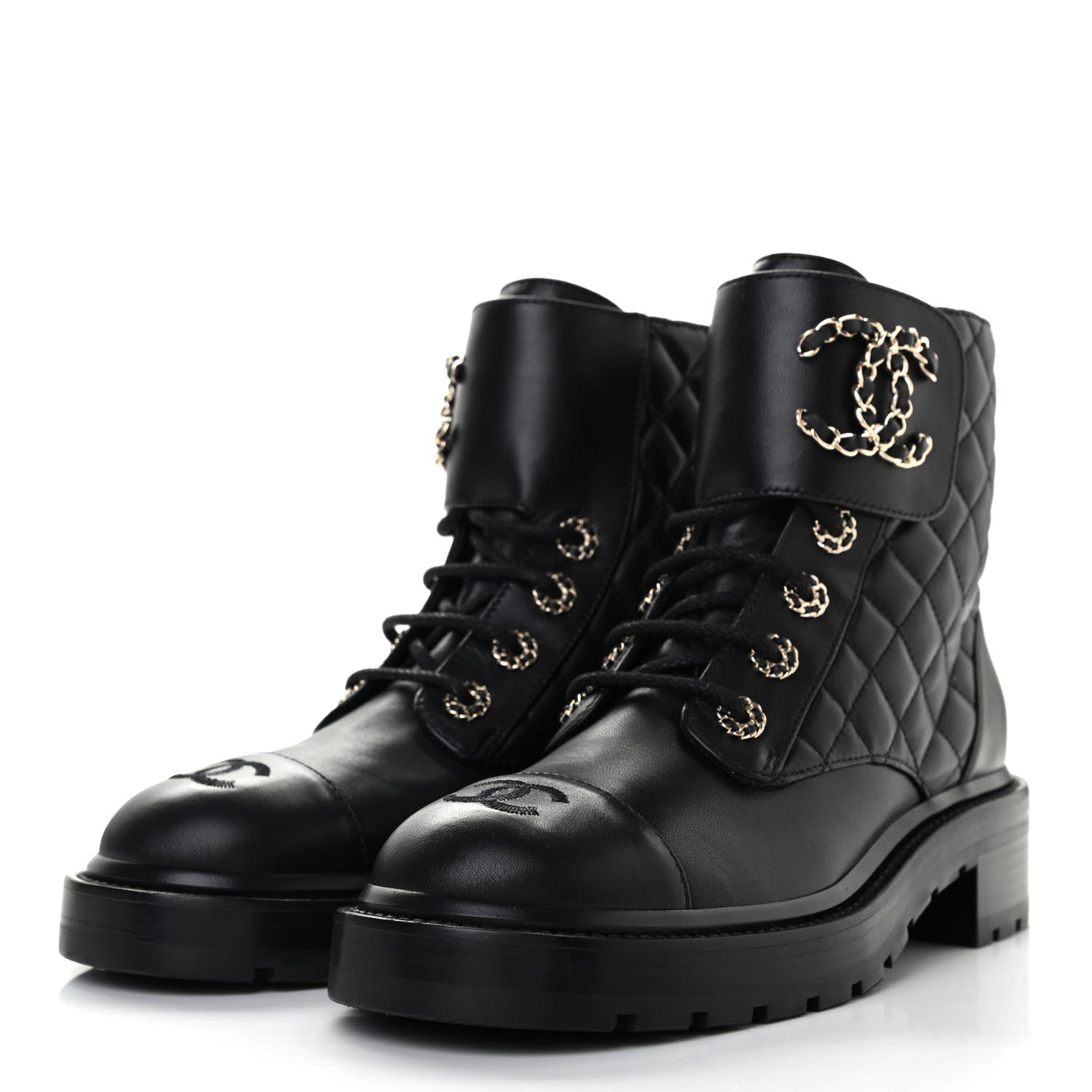 Chanel Shiny Lambskin Quilted Lace Up Combat Boots 38 Black 3 of 8
