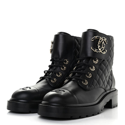 Chanel Shiny Lambskin Quilted Lace Up Combat Boots 38 Black 3 of 8