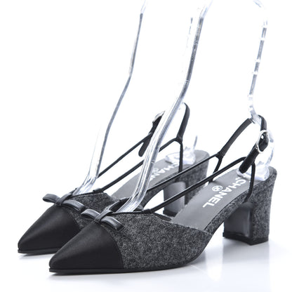 Chanel Tweed Satin Cap Toe CC Slingback Pumps 37.5 Black Grey 3 of 9