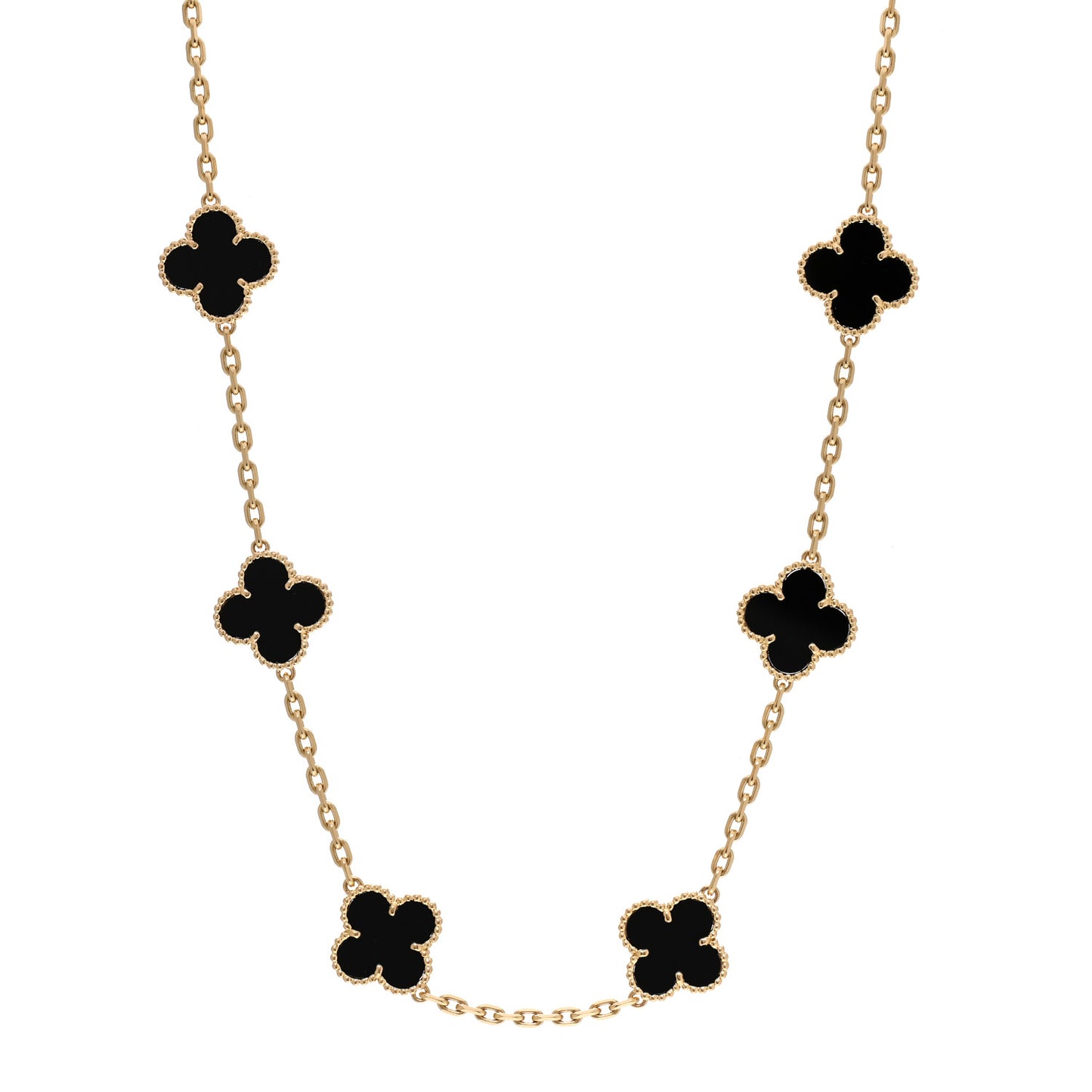 18K Yellow Gold Black Onyx 10 Motifs Vintage Alhambra Necklace