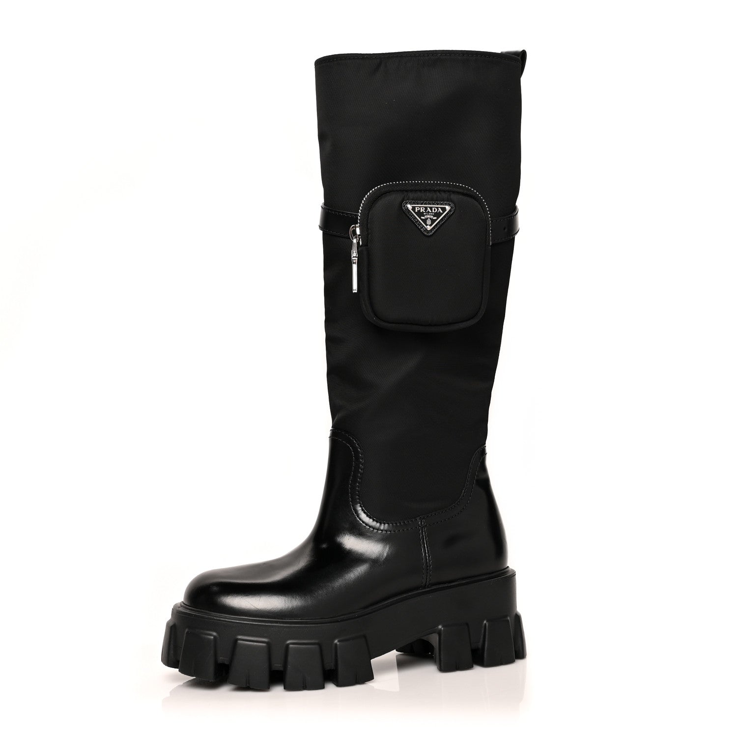 Prada Spazzolato Rois Re-Nylon Metal Triangle Logo Monolith Pouch Pocket 55mm Tall Boots 36 Black 1 of 11
