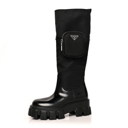 Prada Spazzolato Rois Re-Nylon Metal Triangle Logo Monolith Pouch Pocket 55mm Tall Boots 36 Black 1 of 11
