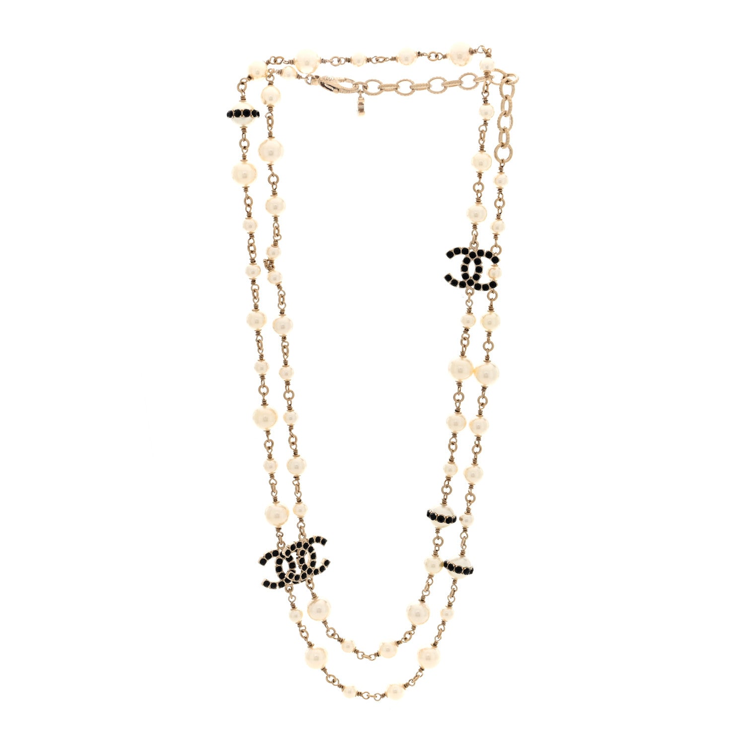 Chanel Crystal Pearl CC Long Necklace Gold White Black 3 of 5