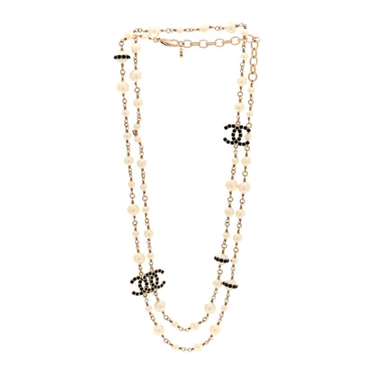 Chanel Crystal Pearl CC Long Necklace Gold White Black 3 of 5