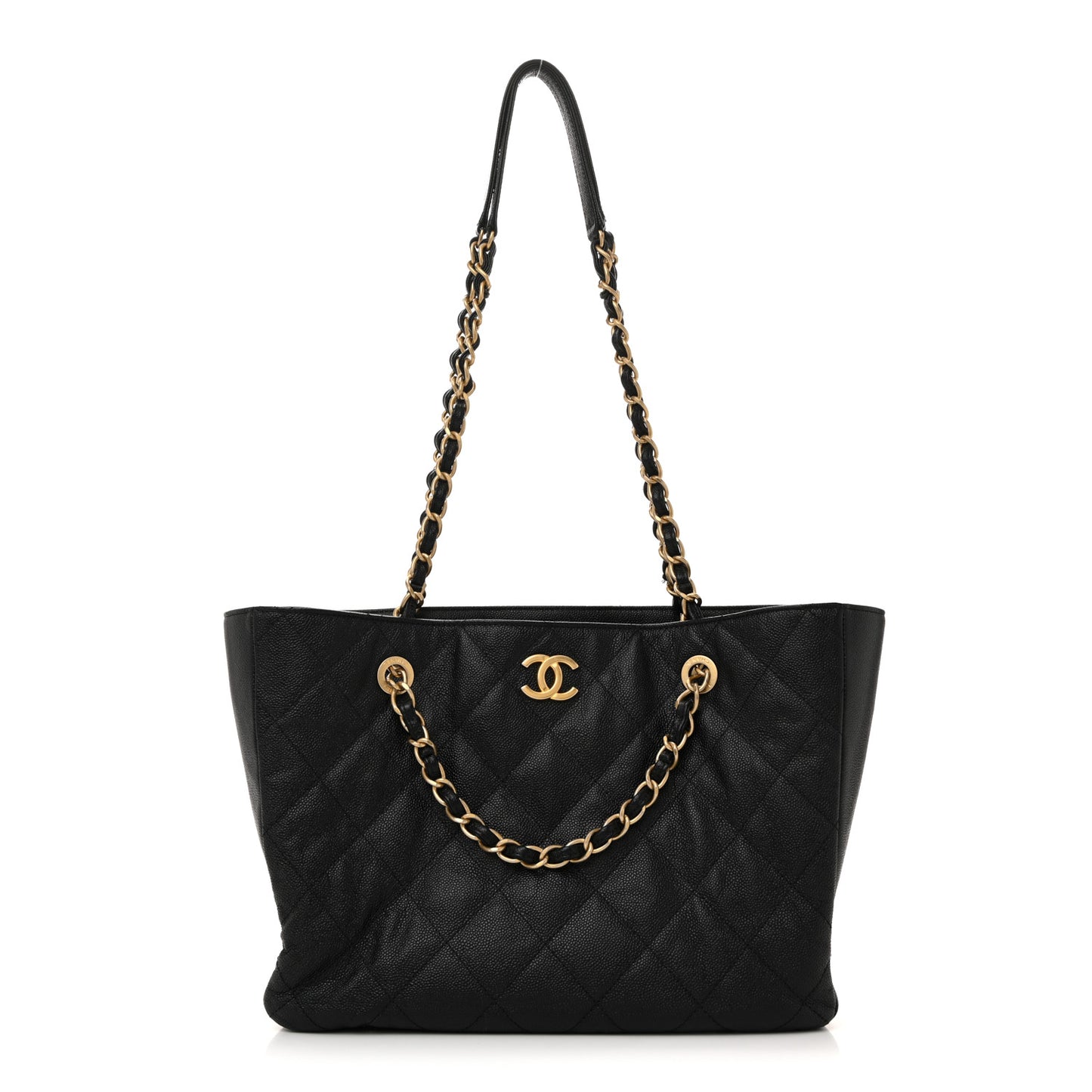 Caviar Quilted Small Trapezoid Chain Shopping Tote Black