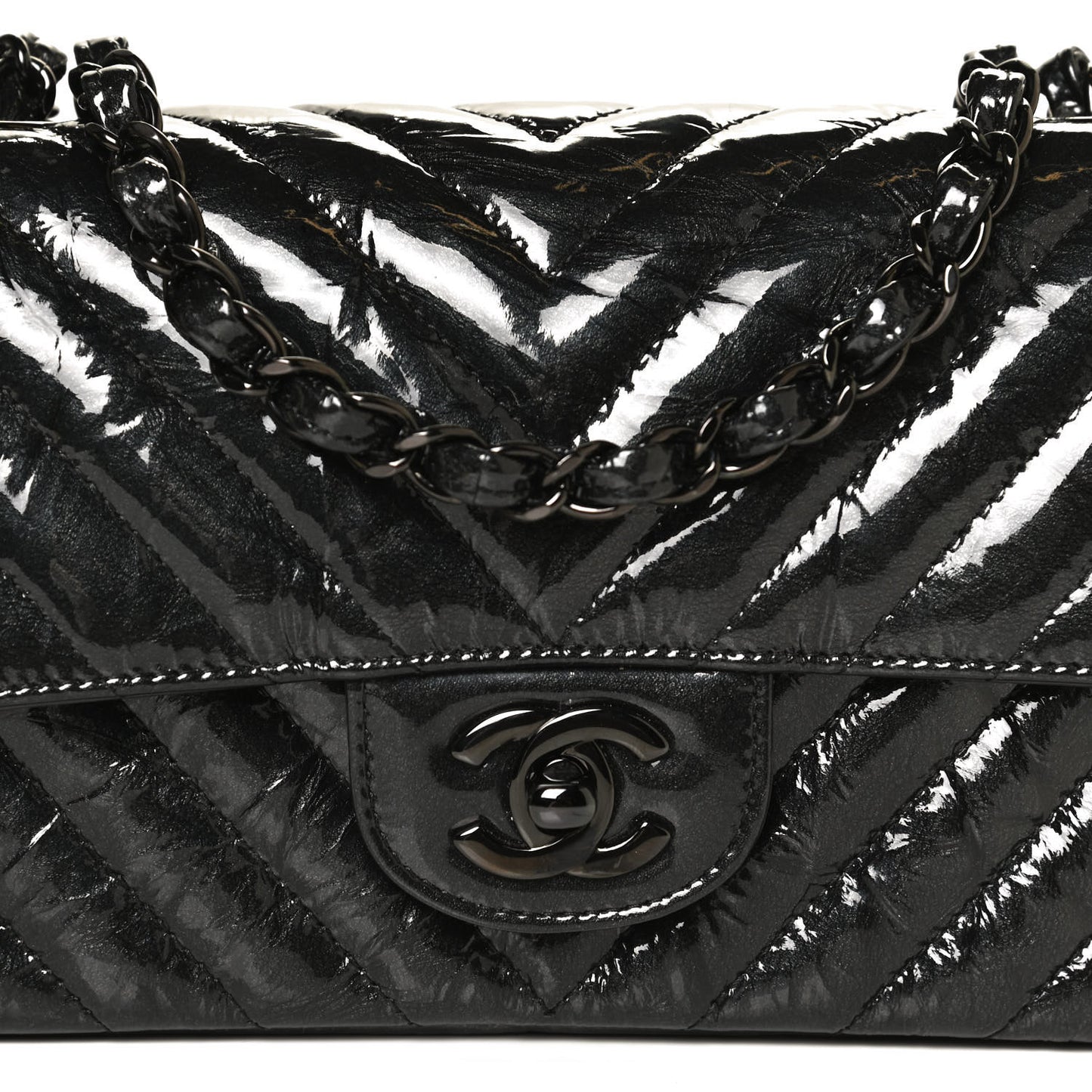 Patent Metallic Crumpled Calfskin Chevron Quilted Mini Rectangular Flap So Black