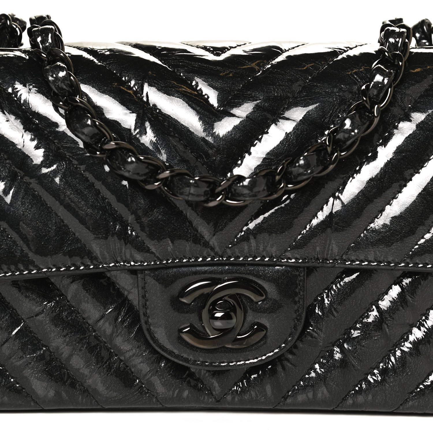 Chanel Patent Metallic Crumpled Calfskin Chevron Quilted Mini Rectangular Flap So Black 7 of 12