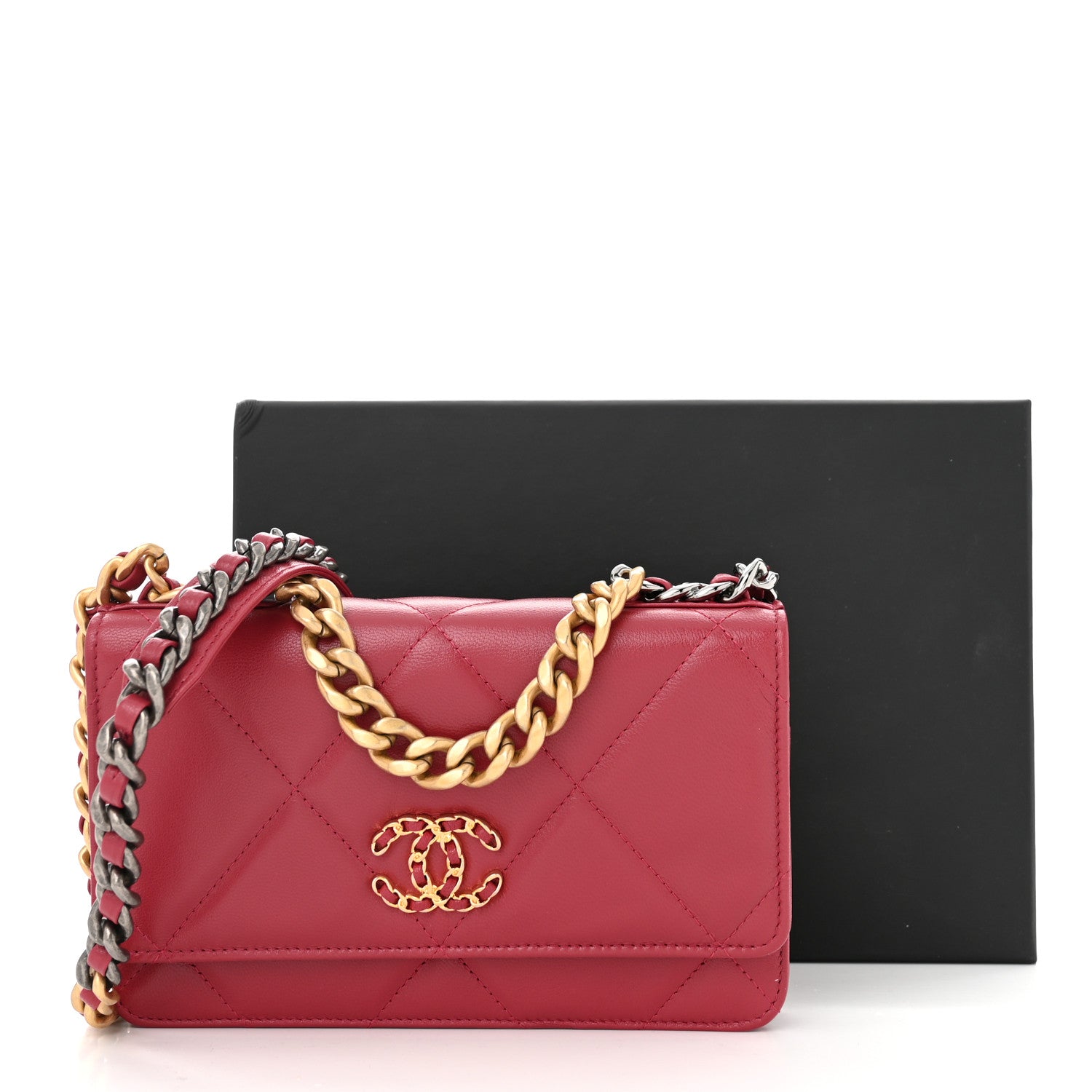 Chanel Shiny Goatskin Quilted Chanel 19 Wallet On Chain WOC Red 12 of 12