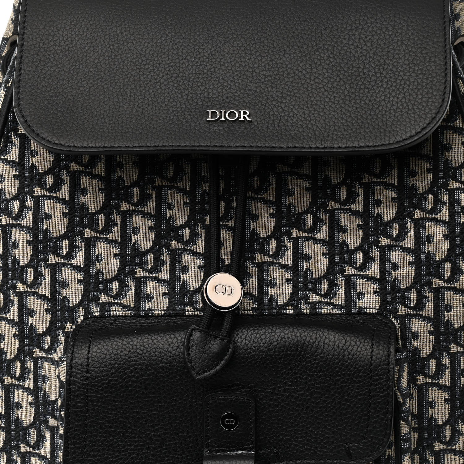 Christian Dior Oblique Jacquard Grained Calfskin Drawstring Saddle Backpack Beige Black 8 of 11