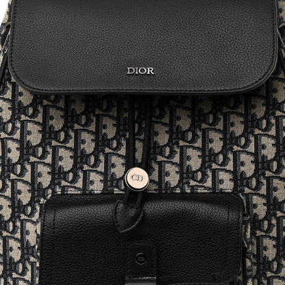 Christian Dior Oblique Jacquard Grained Calfskin Drawstring Saddle Backpack Beige Black 8 of 11