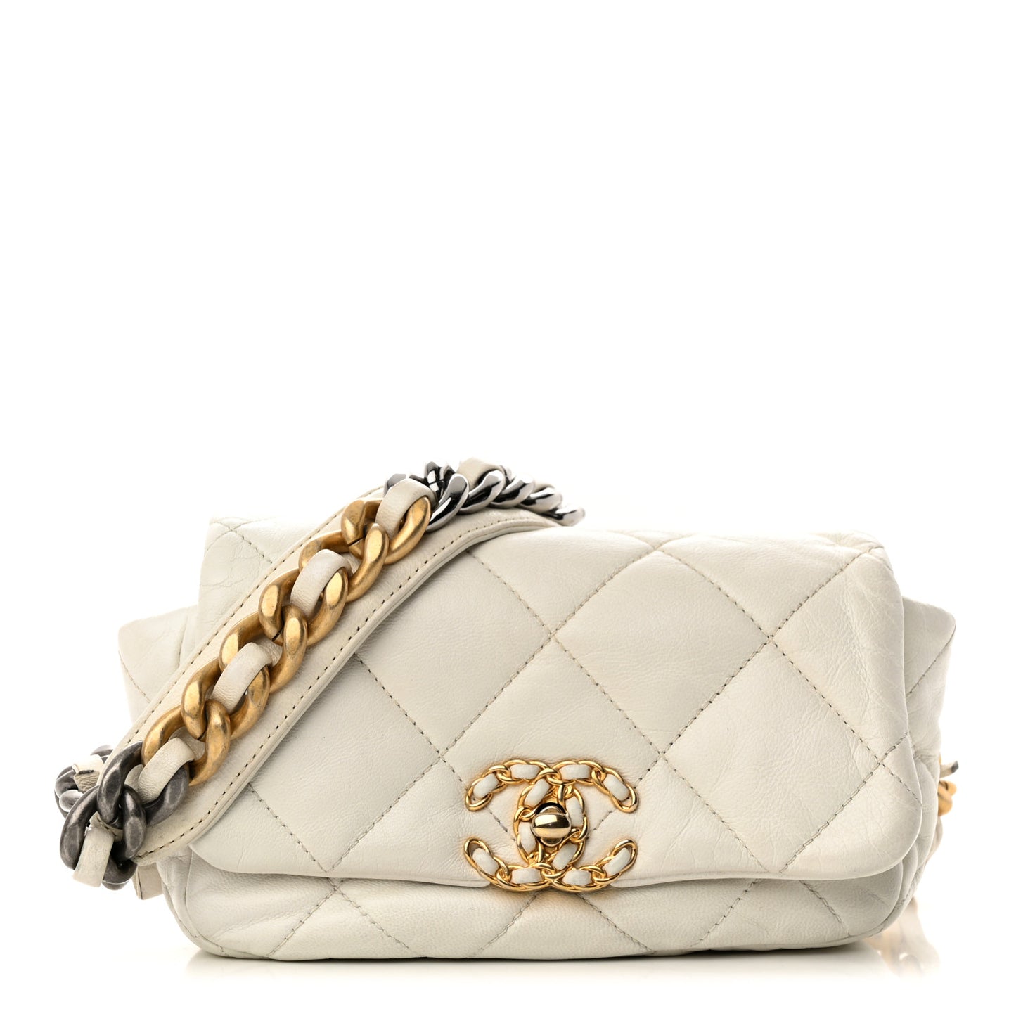Goatskin Quilted Chanel 19 Waist Bag White