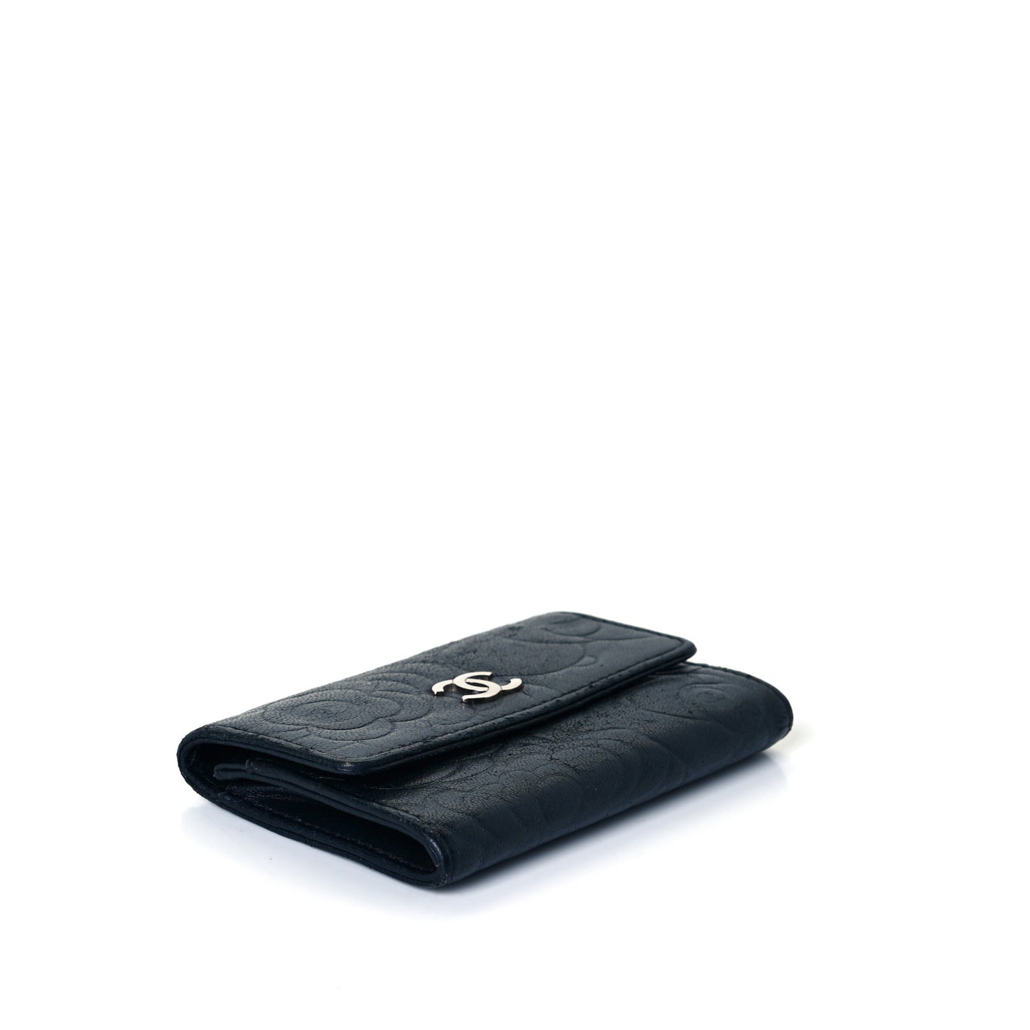 Lambskin Camellia Embossed Card Holder Wallet Black