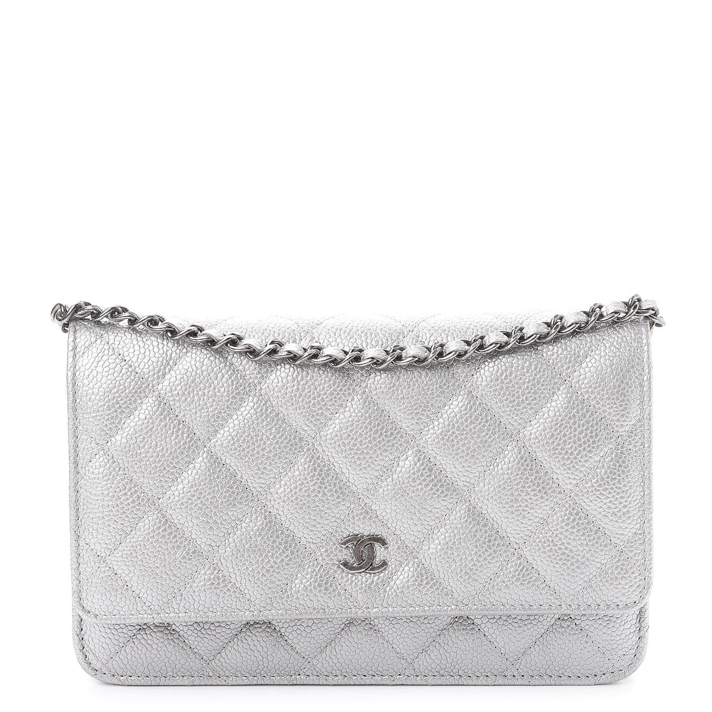Metallic Caviar Quilted Wallet on Chain WOC Silver