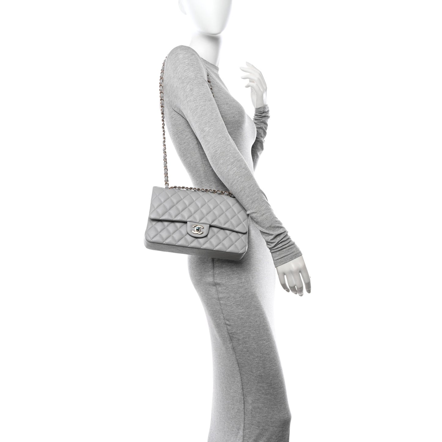 Caviar Quilted Medium Double Flap Grey