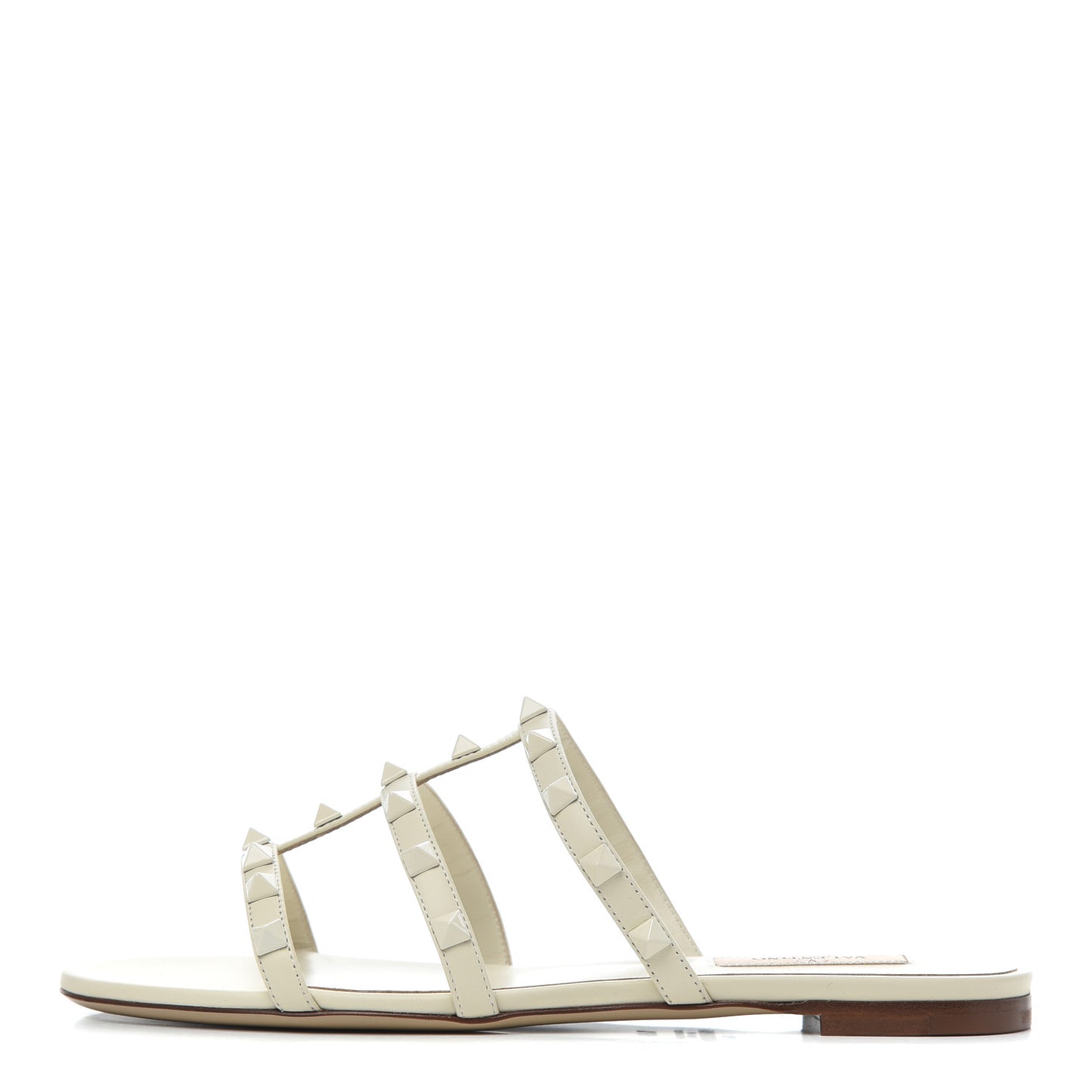 Calfskin Lacquered Monochrome Rockstud Caged Flat Slide Sandals 37.5 Ivory
