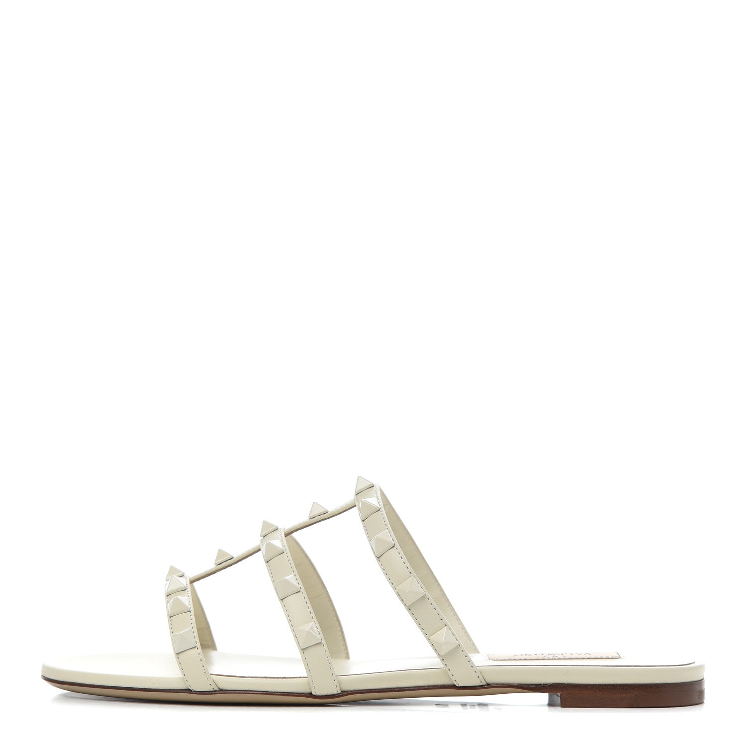 Valentino Garavani Calfskin Lacquered Monochrome Rockstud Caged Flat Slide Sandals 37.5 Ivory 1 of 9