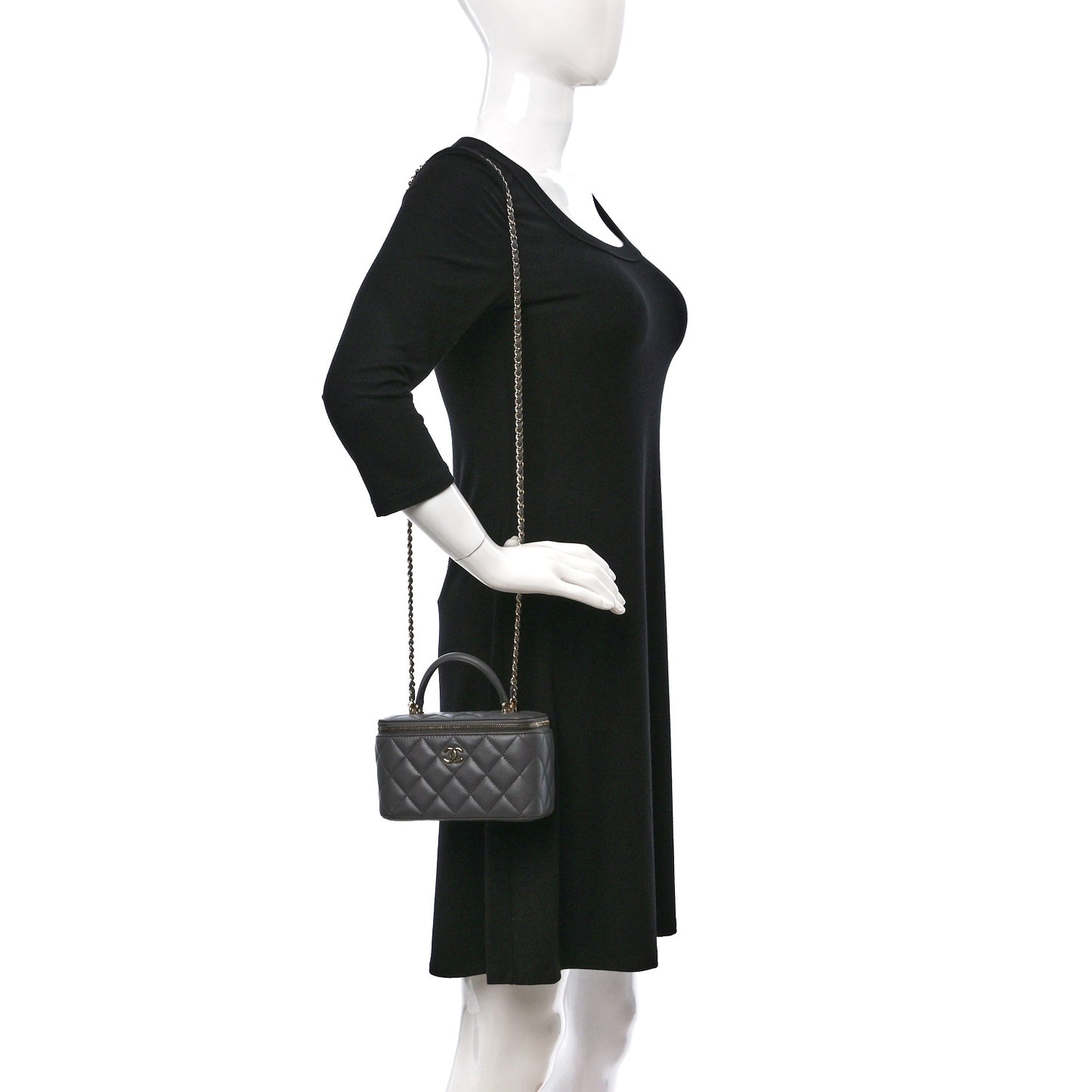 Lambskin Quilted Small Top Handle Vanity Case With Chain Dark Grey