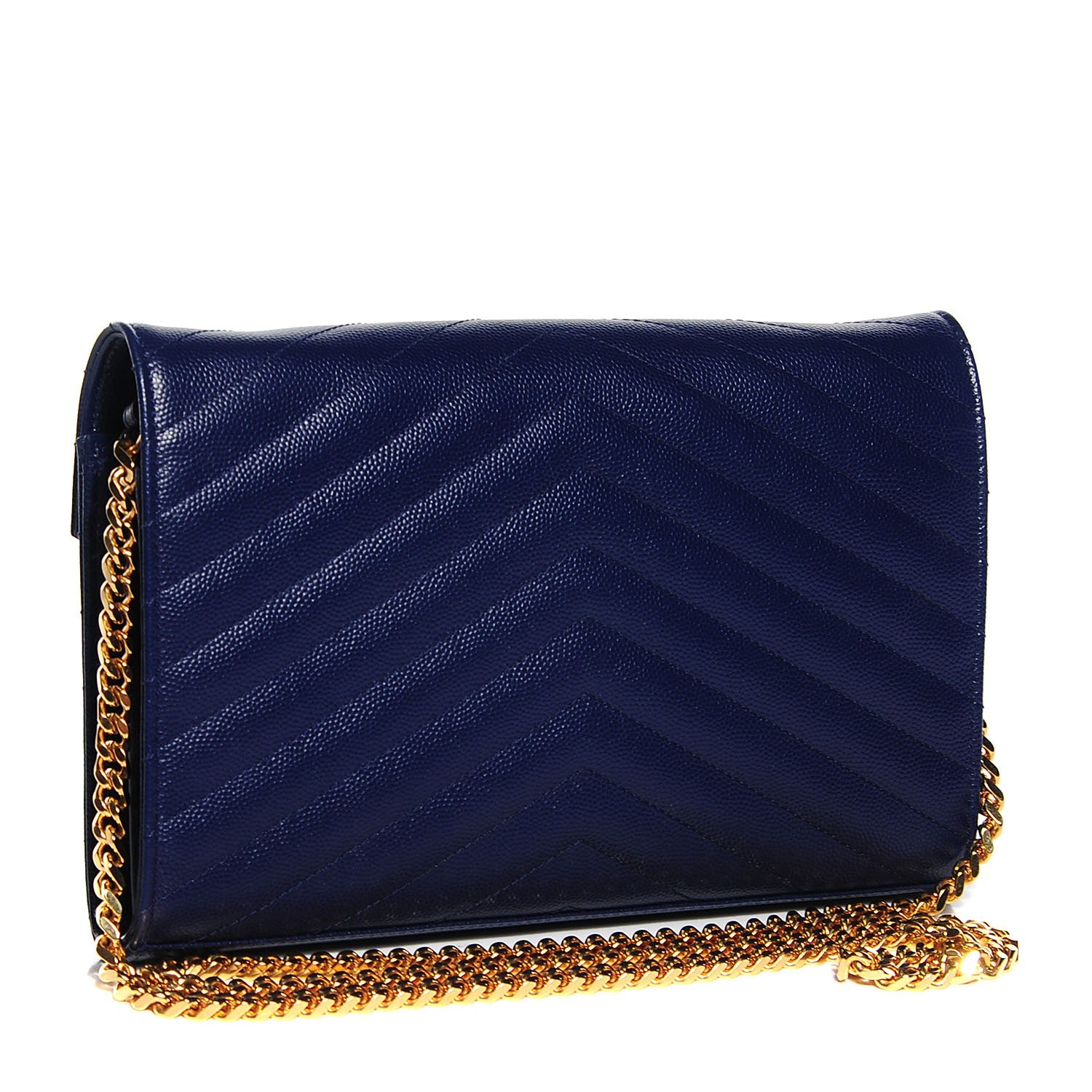 Saint Laurent Grain de Poudre Matelasse Chevron Medium Monogram Chain Wallet Navy 3 of 7