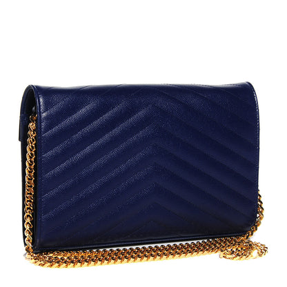 Saint Laurent Grain de Poudre Matelasse Chevron Medium Monogram Chain Wallet Navy 3 of 7