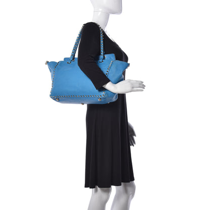 Valentino Garavani Vitello Medium Rockstud Tote Blue Fluo 3 of 10
