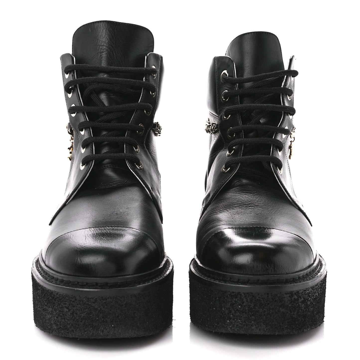 Calfskin Shiny Calfskin Chain Lace Up CC Short Boots 38 Black