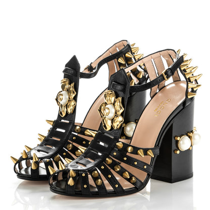 Gucci Kid Leather Studded Kendall Sandals 38.5 Black Gold 3 of 7