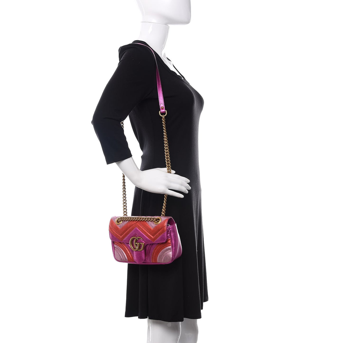 Metallic Calfskin Matelasse Mini GG Marmont Shoulder Bag Fuchsia