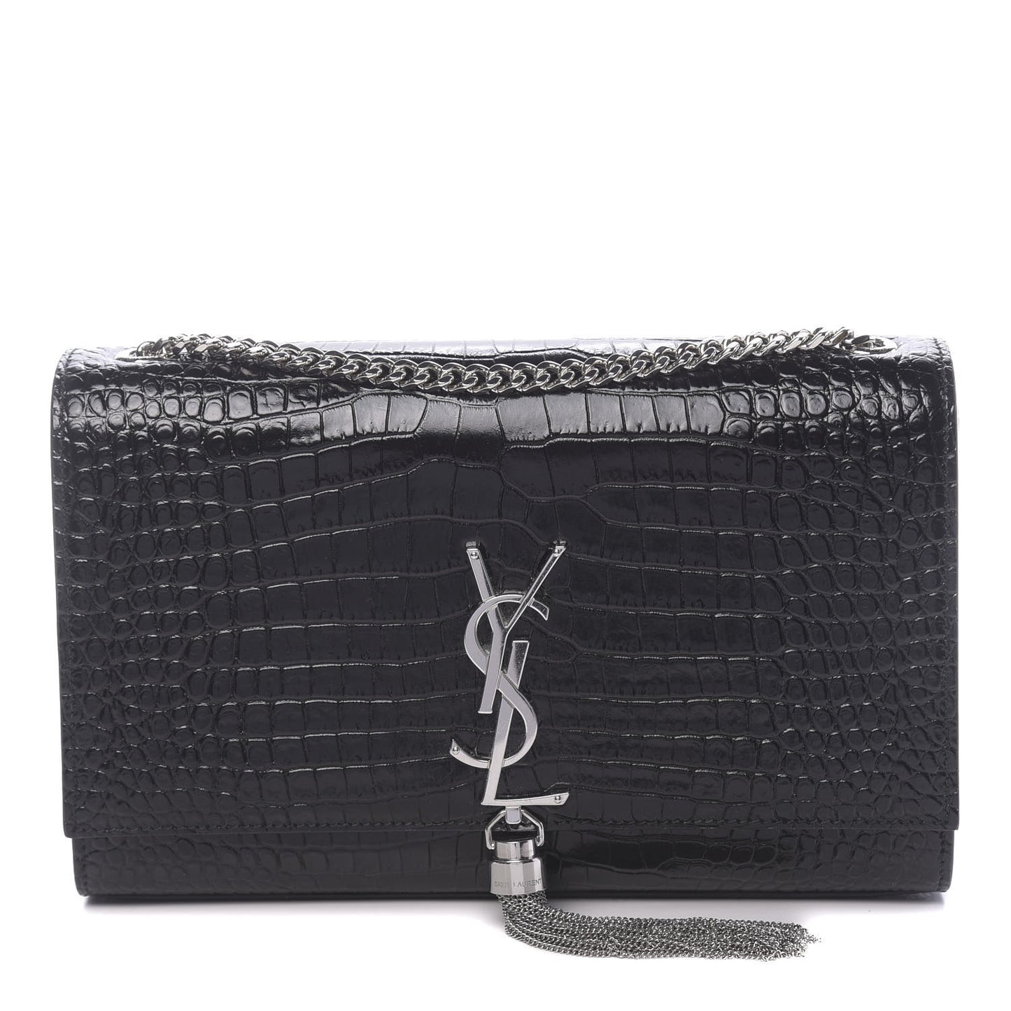 Calfskin Crocodile Embossed Medium Classic Monogram Kate Tassel Satchel Black