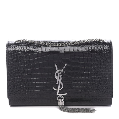 Saint Laurent Calfskin Crocodile Embossed Medium Classic Monogram Kate Tassel Satchel Black 1 of 9