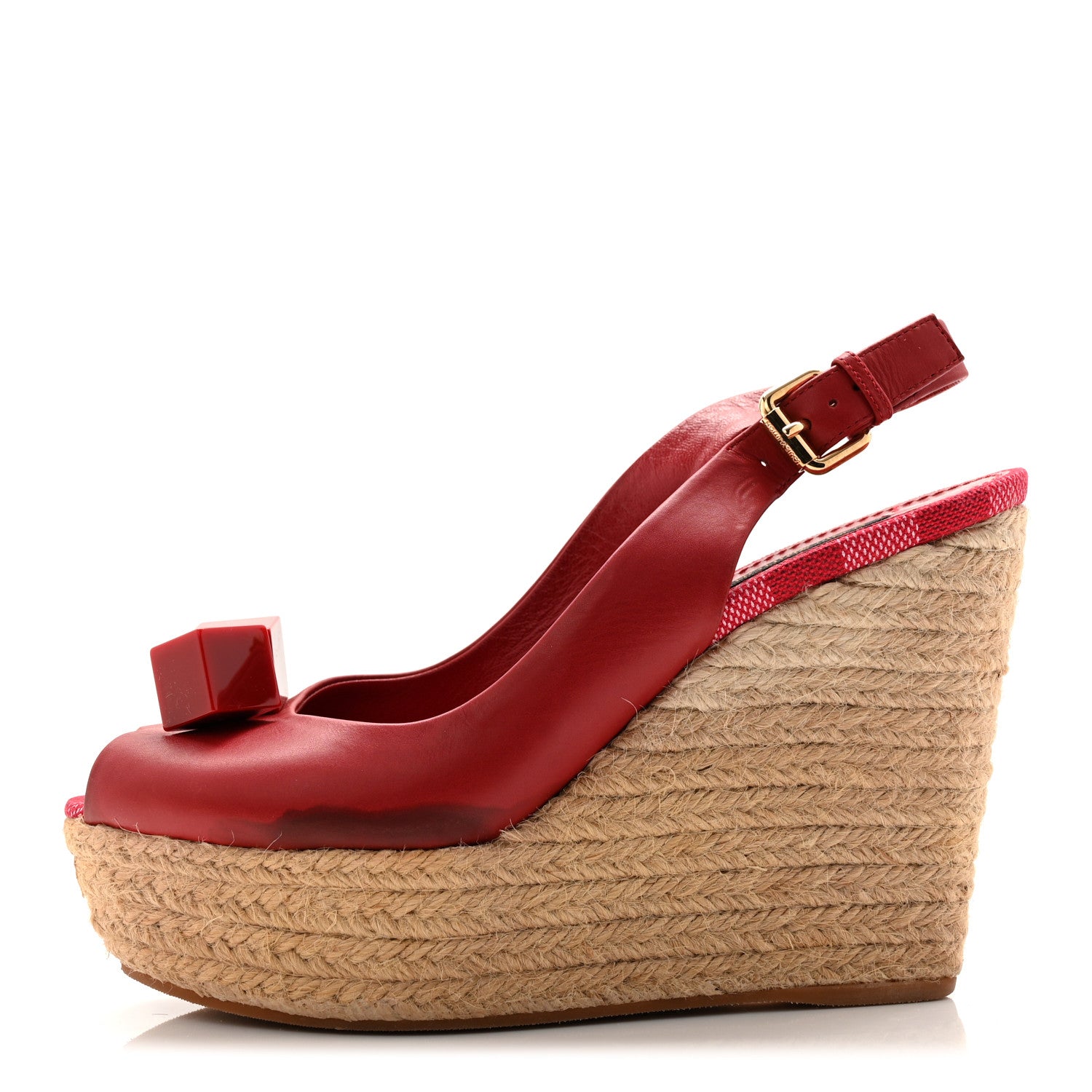 Louis Vuitton Calfskin Damier Espadrille Wedge Sandals 37.5 Red 1 of 12