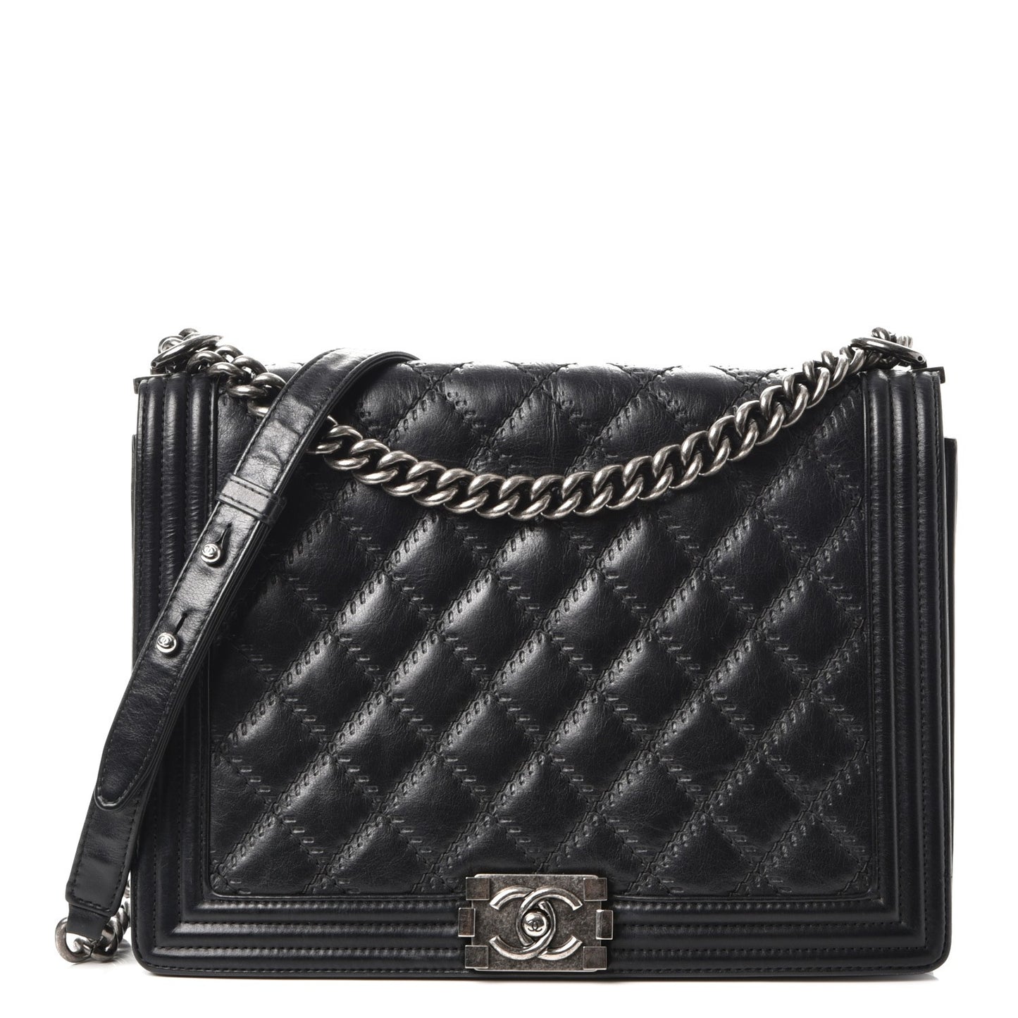 Calfskin Embossed Stitch Large Boy Flap Black