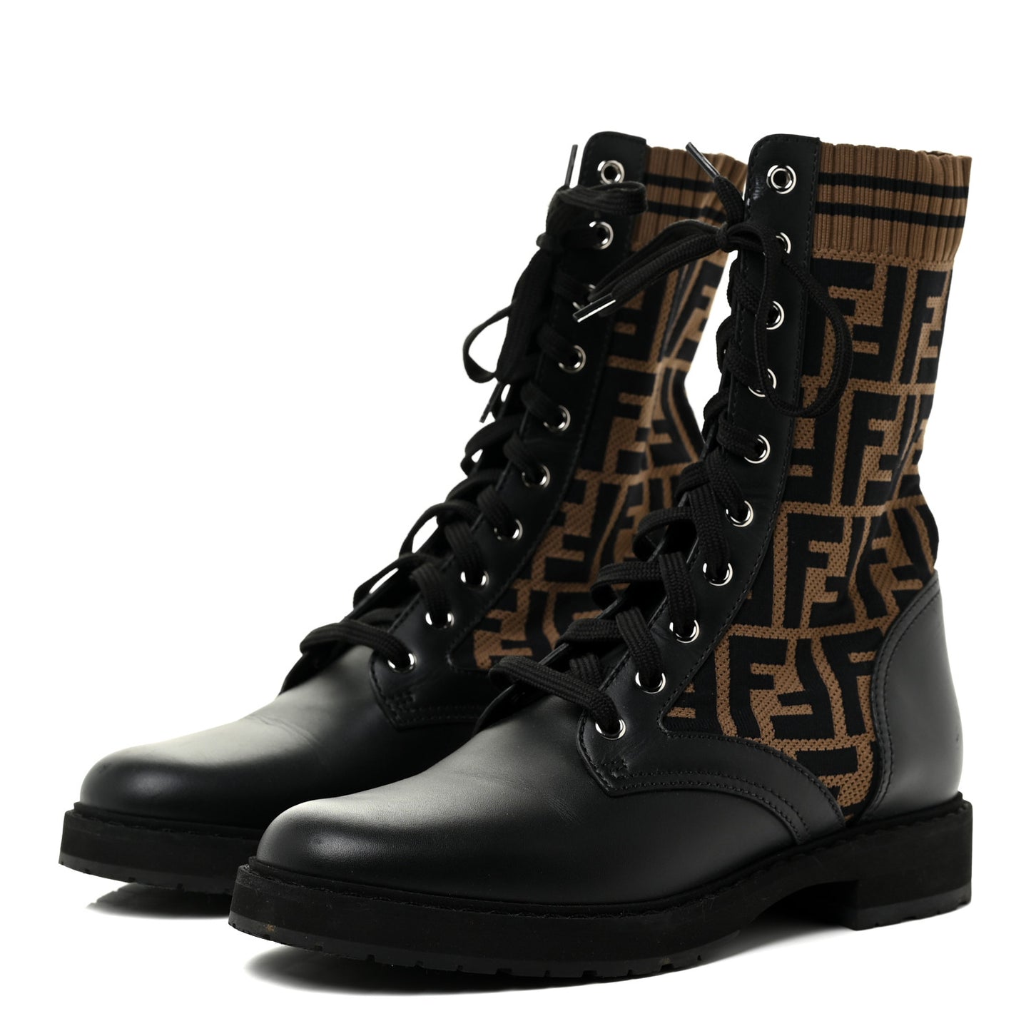 Calfskin Stretch Fabric FF Rockoko Biker Boots 39 Black Tobacco