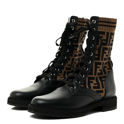 Fendi Calfskin Stretch Fabric FF Rockoko Biker Boots 39 Black Tobacco 3 of 18